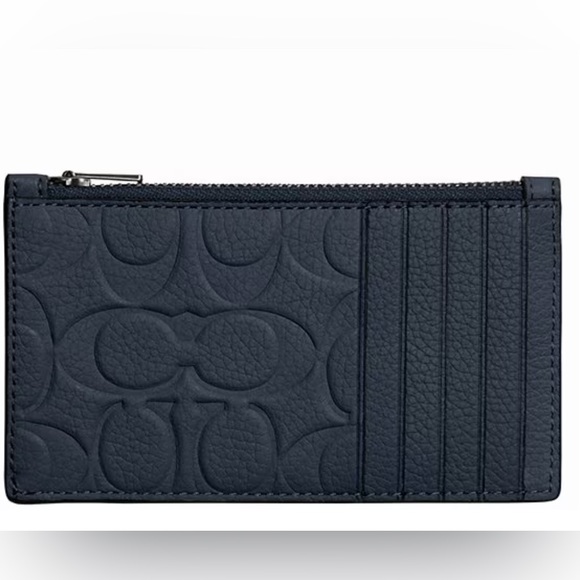 New Coach Zip Card Case in Dark Denim Signature Pebbled Leather - Picture 1 of 6